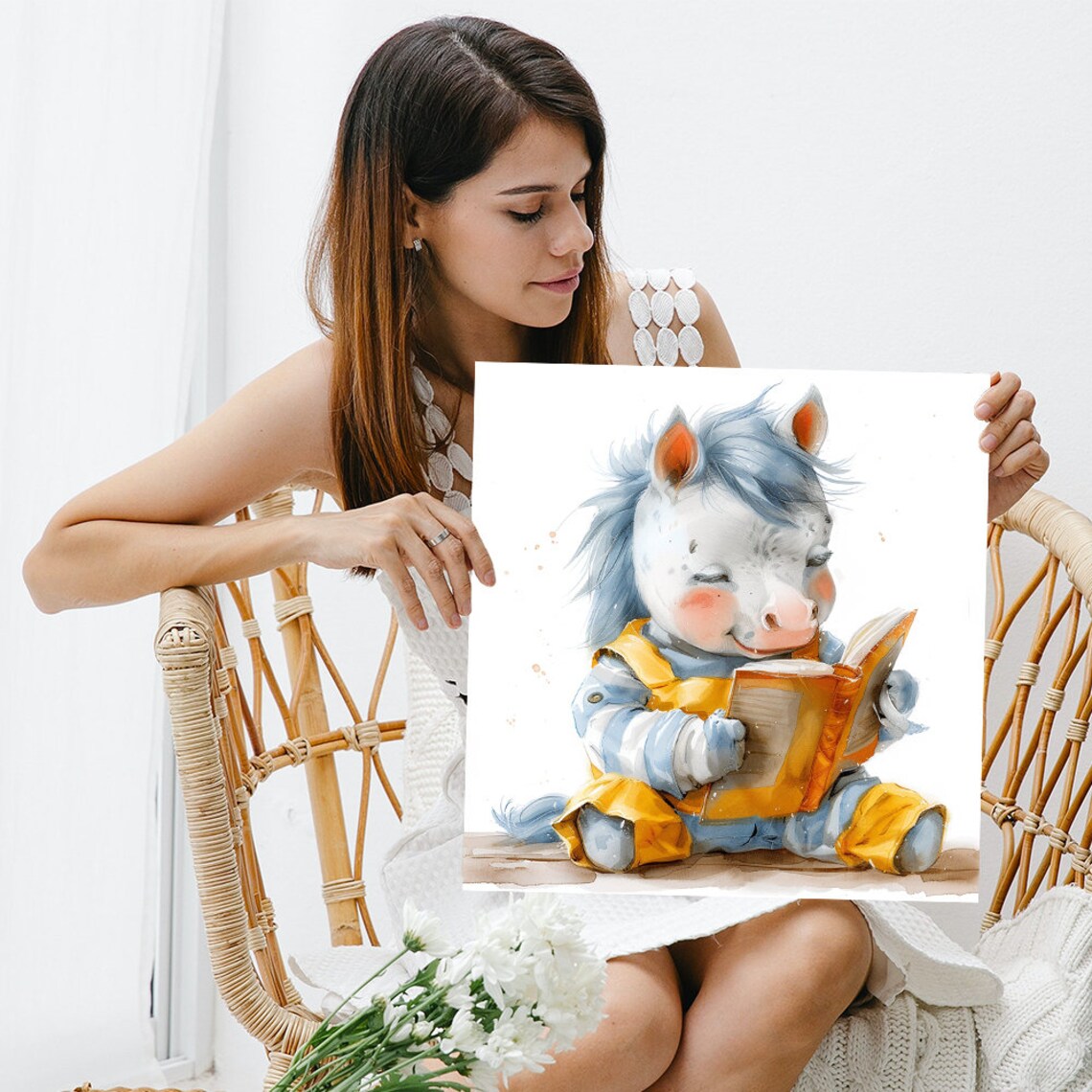 Baby Pony Reading Book Yellow Raincoat Soft Watercolor Nursery Poster - Image 3