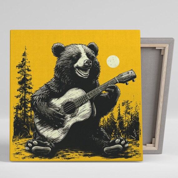 Musical Bear Playing Guitar Under Moon Vintage Engraving Art Poster