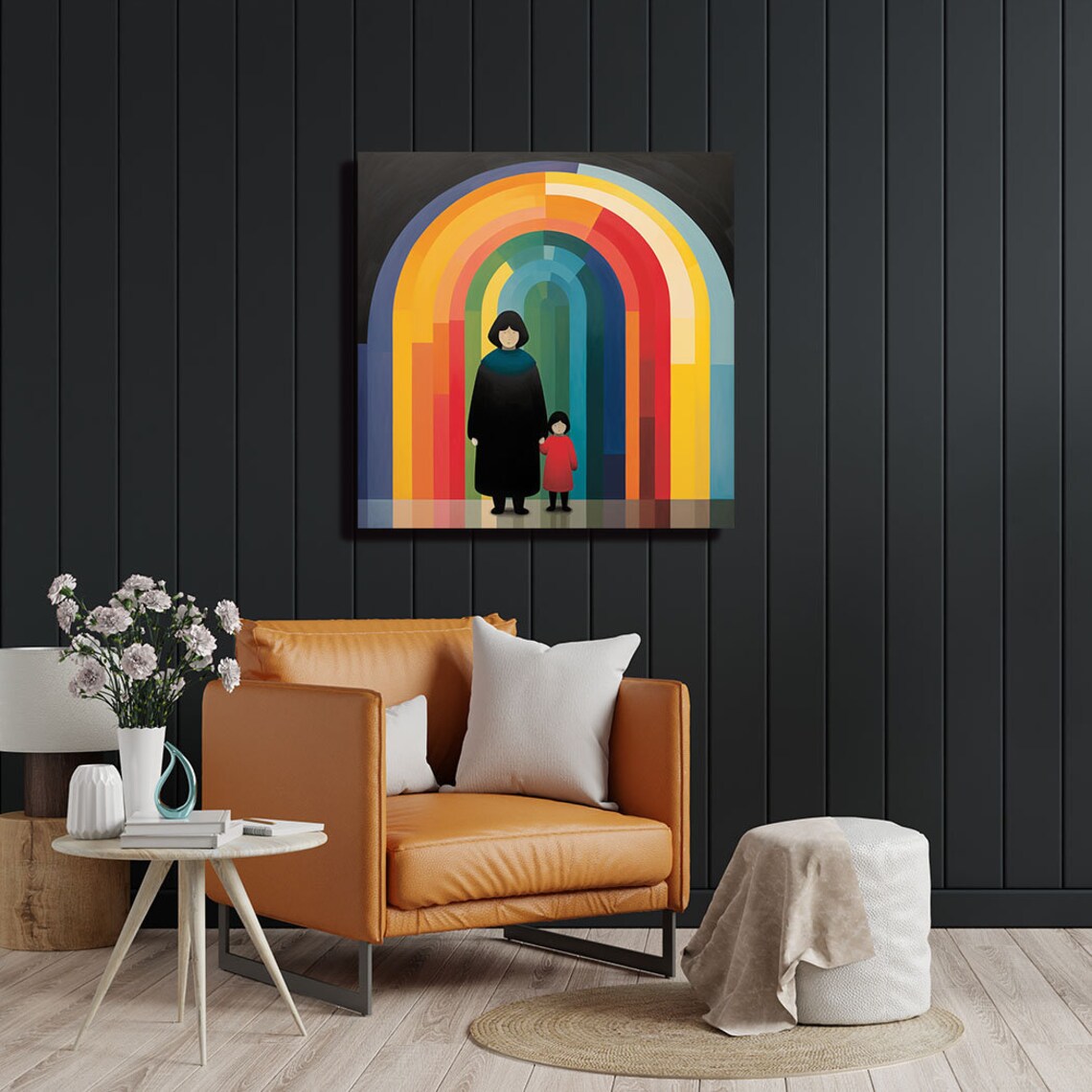 Naive Folk Art Mother And Child Under Rainbow Arch Color Poster - Image 2
