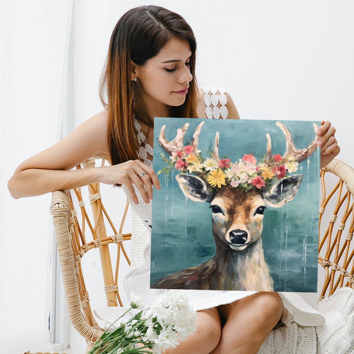 Floral Crown Deer Portrait Pink Yellow Wildflower Headpiece Nature Wall Poster - Image 3