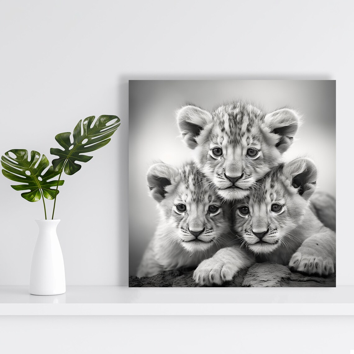 Lion Cubs Trio, Modern Black White Grey Art Print - Image 2