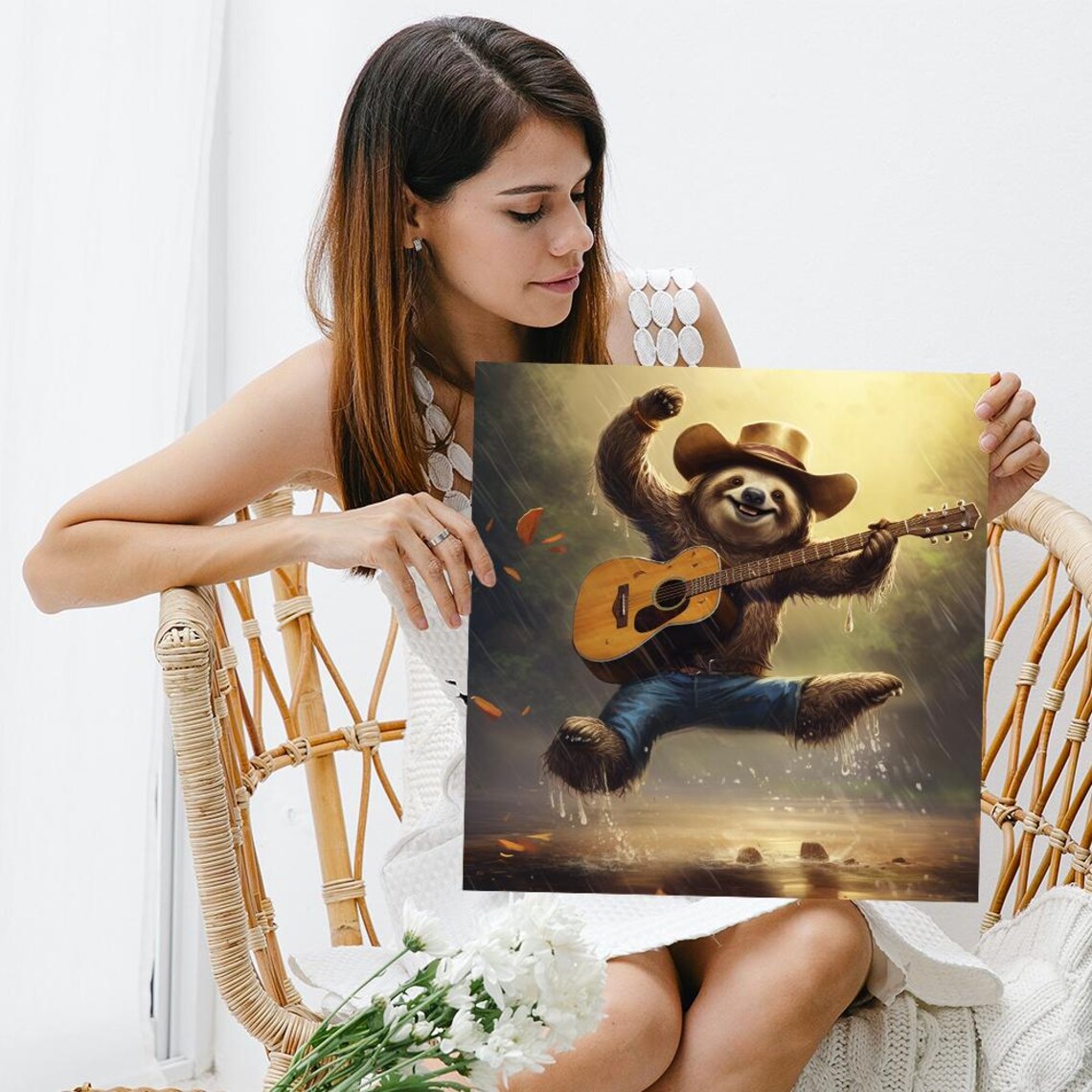 Sloth Cowboy Playing Guitar Dancing In Rain Golden Country Music Poster - Image 3