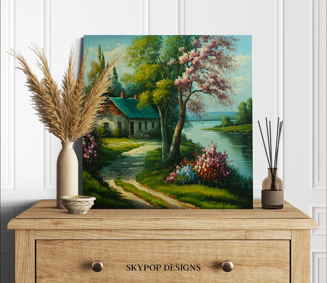 Spring Blossom Cottage Riverside Path Flowering Trees Landscape Poster - Image 2