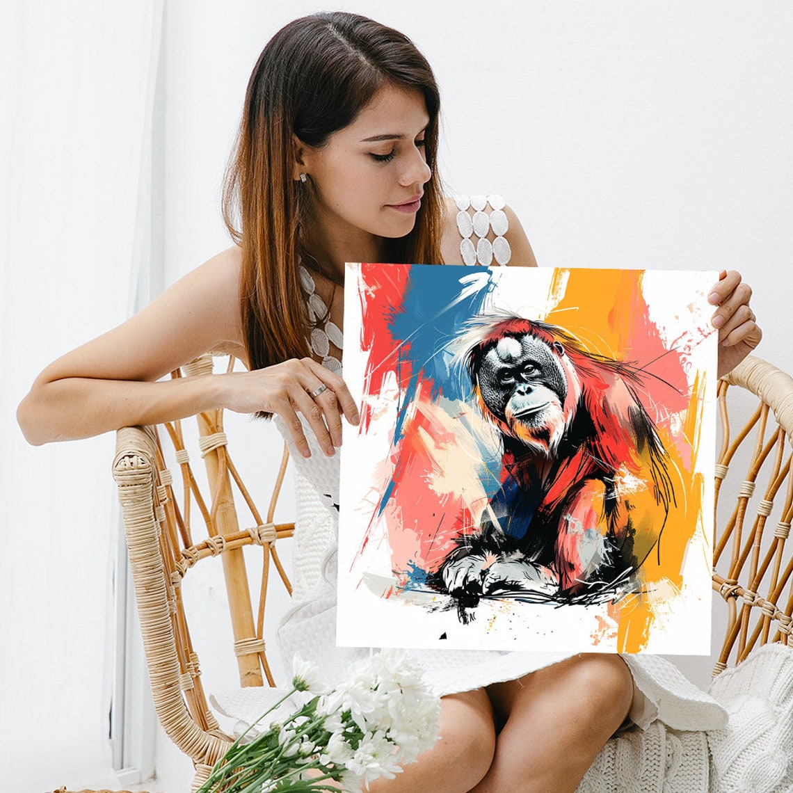 Orangutan Portrait Red Blue Yellow Splash Expressive Ape Poster - Image 3
