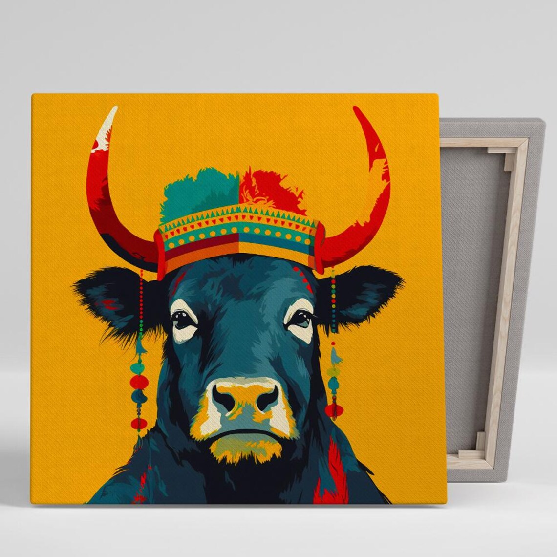 Highland Cow with Colorful Tribal Headdress Pop Style Yellow Poster
