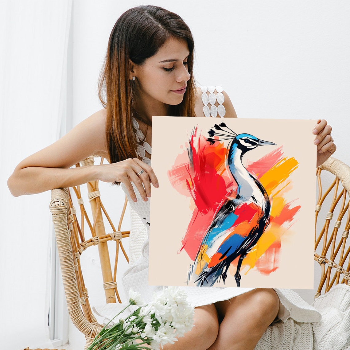 Peacock Standing Watercolor Splash Red Orange Blue Elegant Wall Poster - Image 3