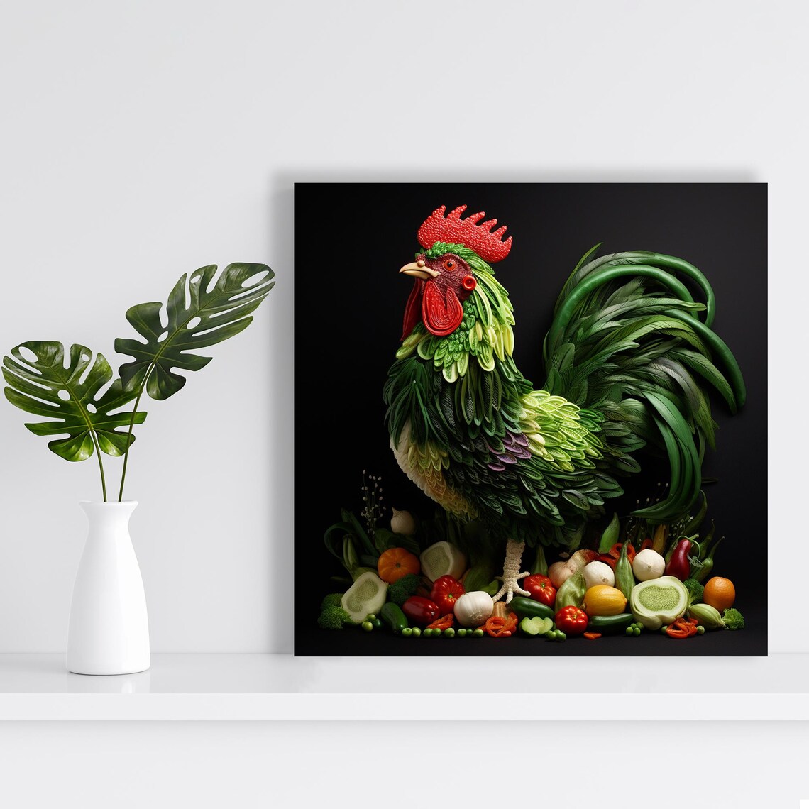 Rooster Made Of Vegetables Surreal Food Art Portrait On Black Poster - Image 2