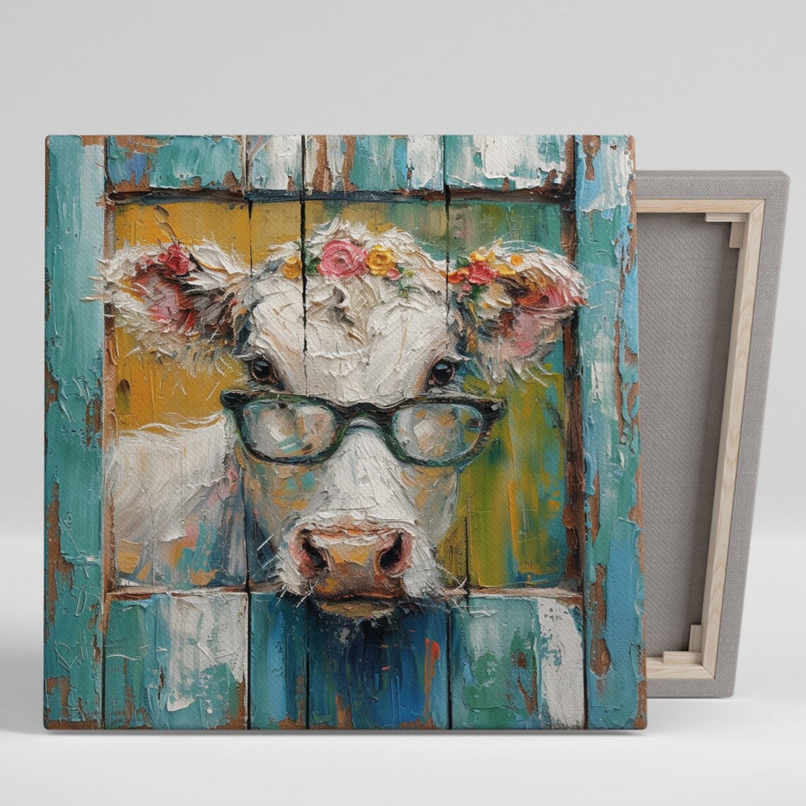 Cow With Glasses Flower Crown Impasto Oil Rustic Farm Wall Poster