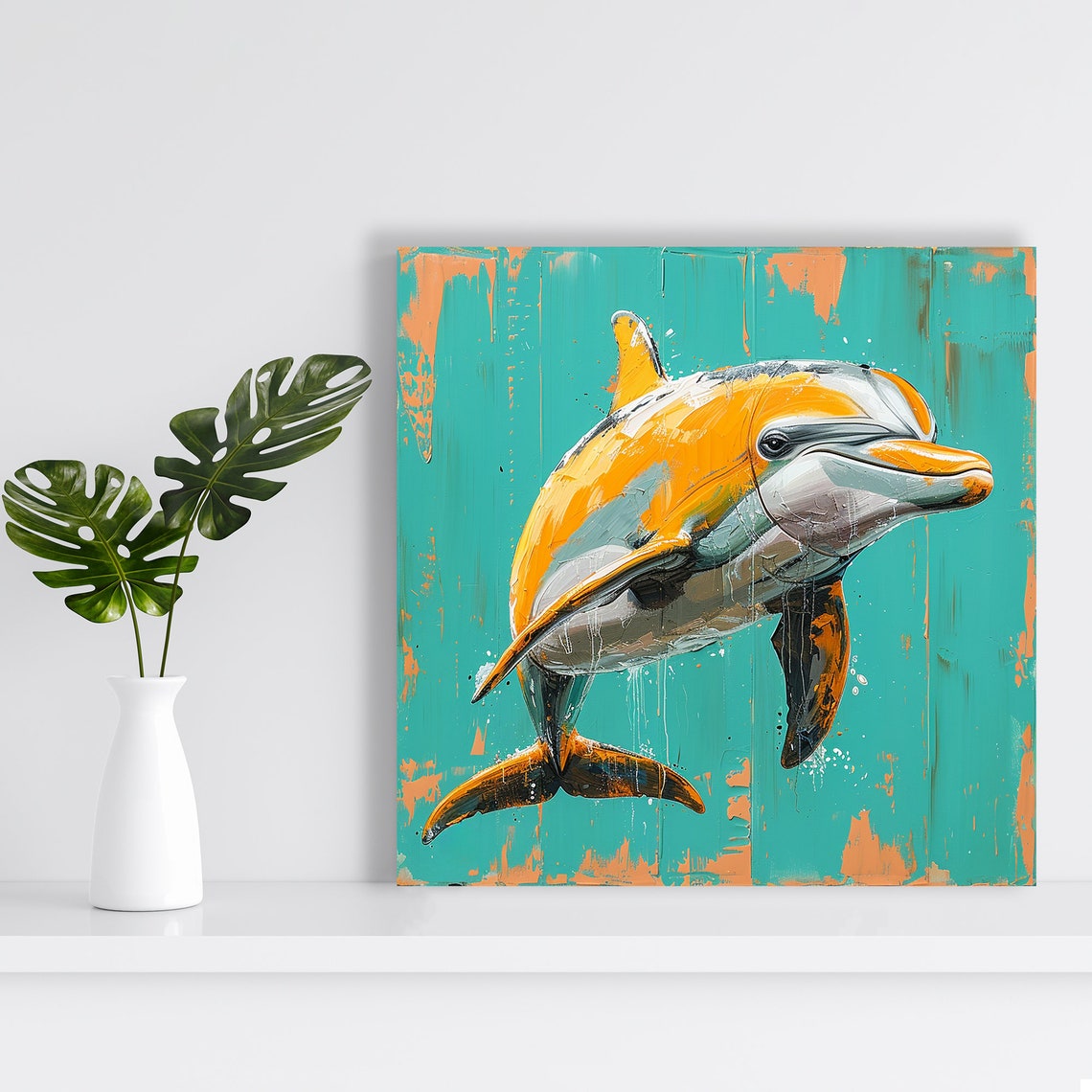 Orange Dolphin on Teal Textured Painterly Ocean Animal Poster - Image 2