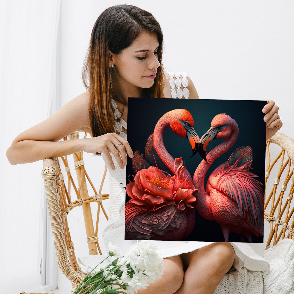 Two Flamingos Facing Each Other Romantic Pair With Bloom Flower Poster - Image 3