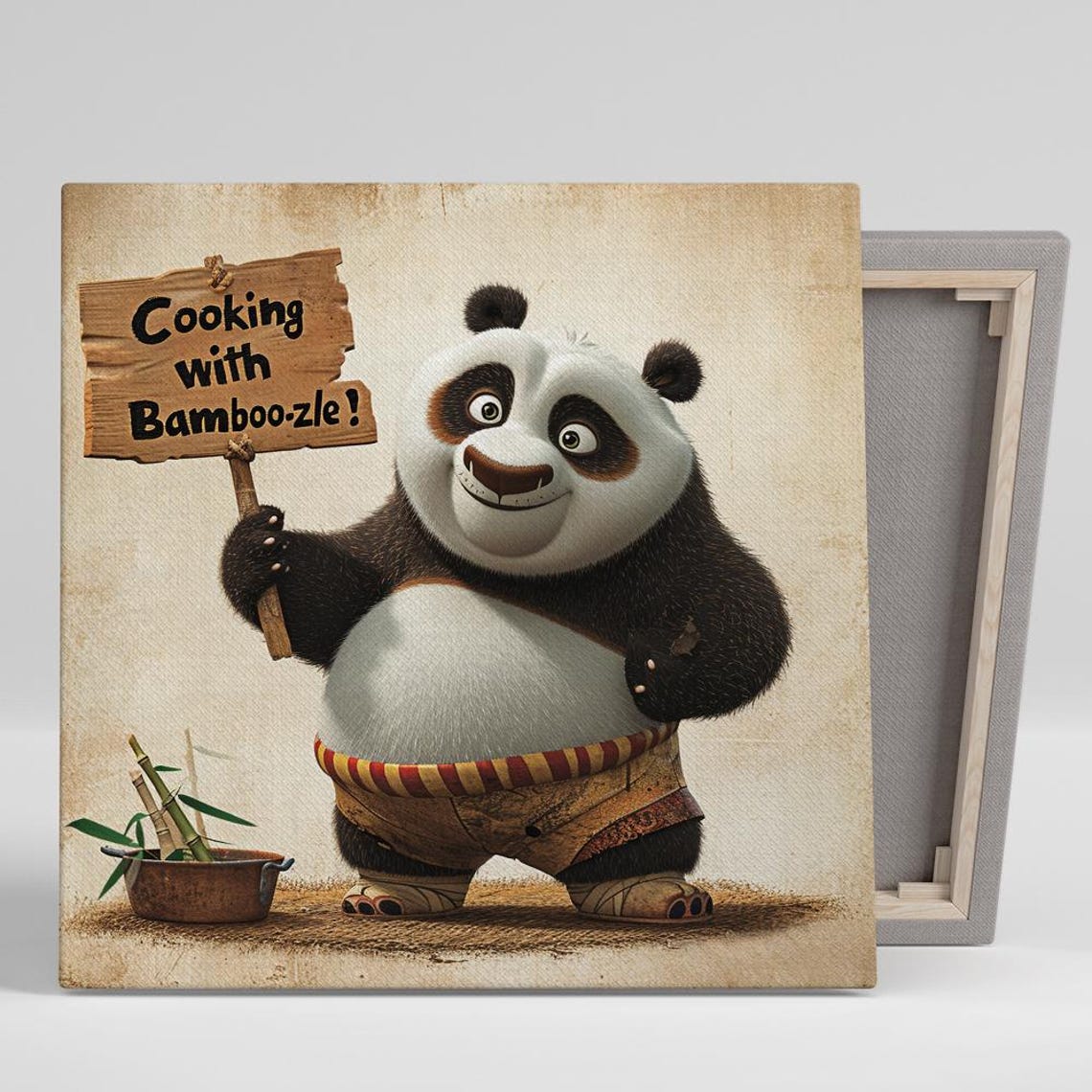 Panda Chef Cooking With Bamboo-zle Sign Rustic Kitchen Wall Art Print