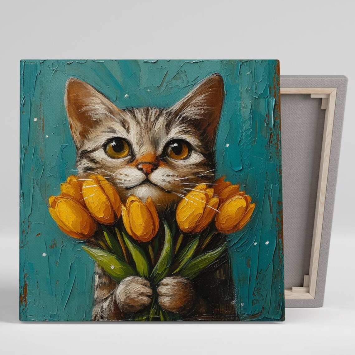 Tabby Cat Holding Yellow Tulips Bouquet Teal Oil Painting Poster