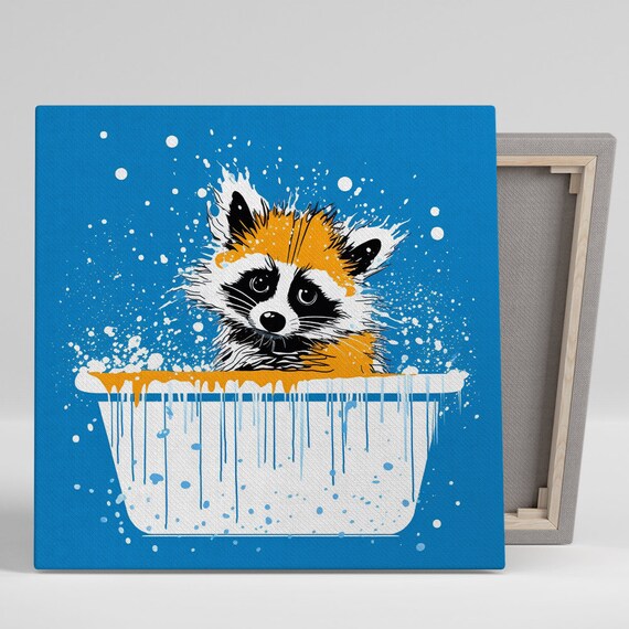 Playful Raccoon Bathing In White Tub Minimalist Blue Splash Kids Art Poster