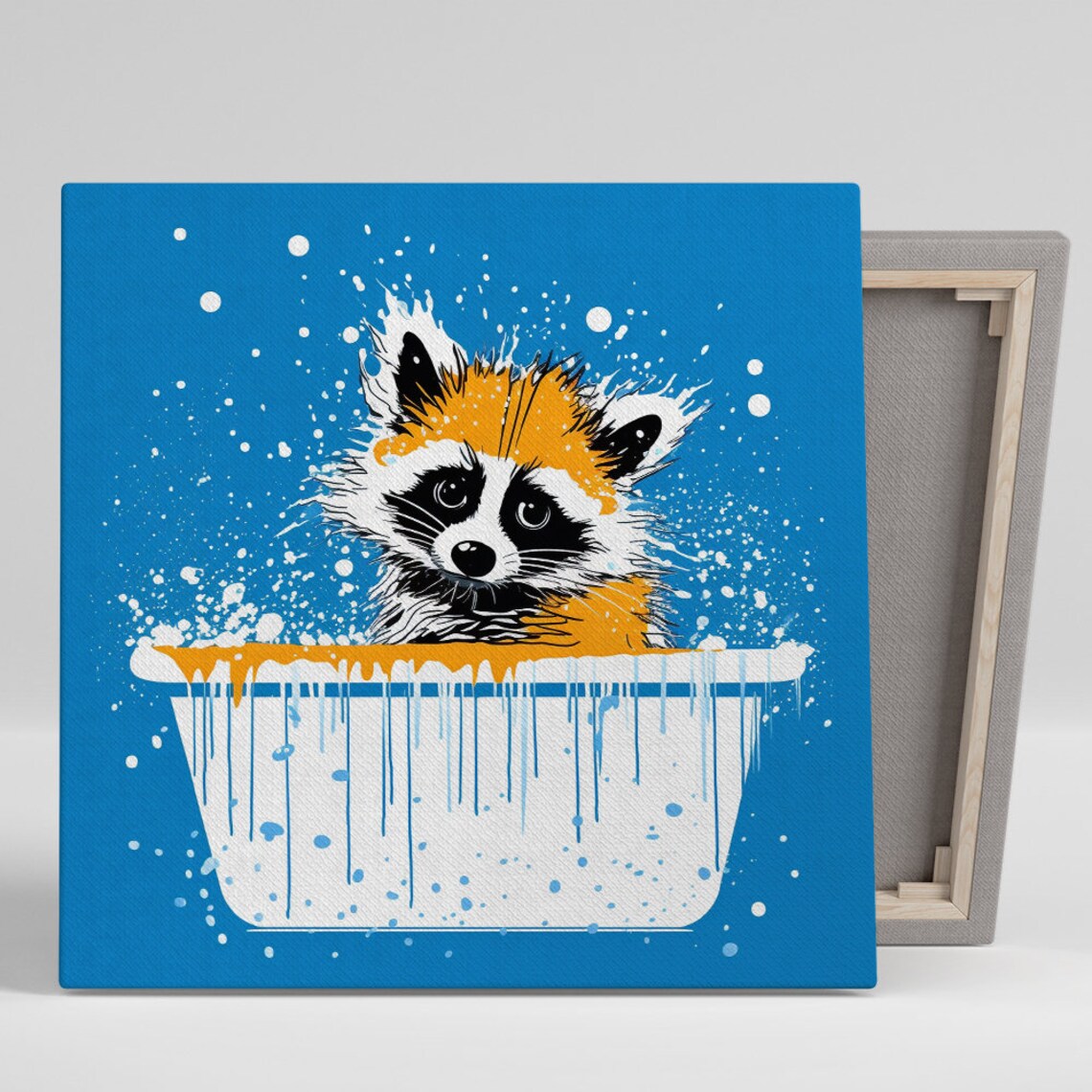 Playful Raccoon Bathing In White Tub Minimalist Blue Splash Kids Art Poster