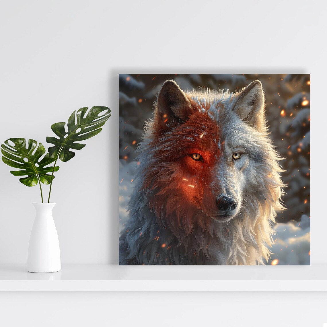 Wolf Fire Ice Split Face Winter Digital Art Dramatic Nature Wall Poster - Image 2