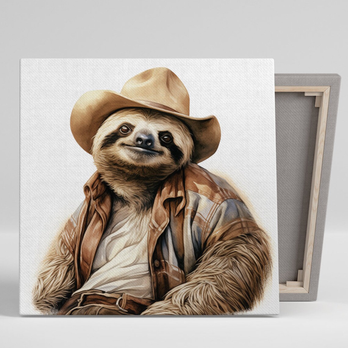 Sloth Wearing Cowboy Hat Plaid Shirt Whimsical Watercolor Western Poster