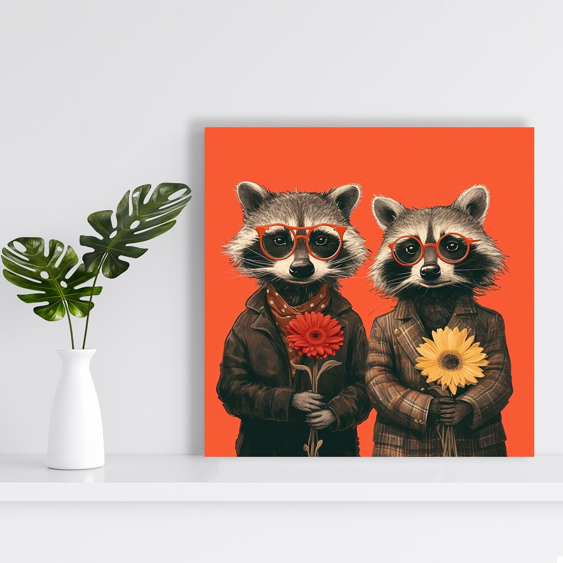 Hipster Raccoon Duo Red Glasses Flowers Jackets Fun Portrait Wall Art Print - Image 2