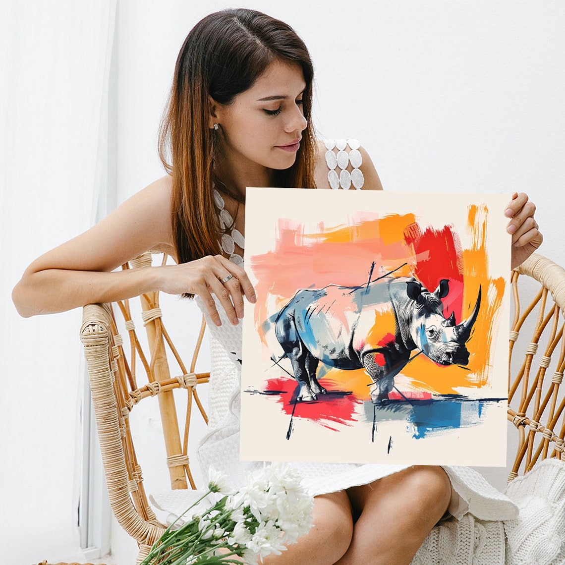 Walking Rhino Abstract Red Blue Orange Wildlife Animal Wall Art Poster - Image 3