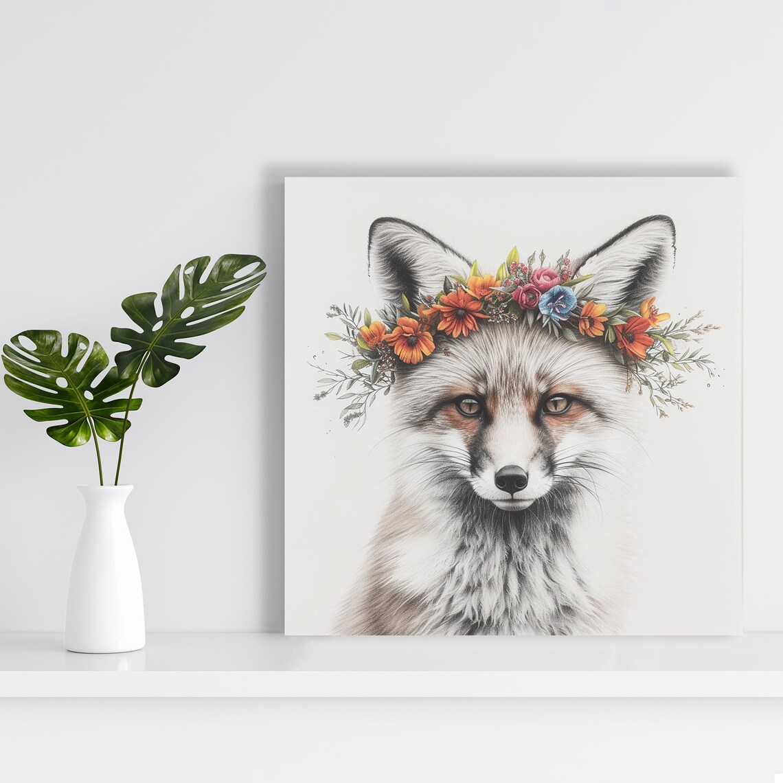 Enchanted Fox Floral Crown, Rustic Wall Art Print - Image 2