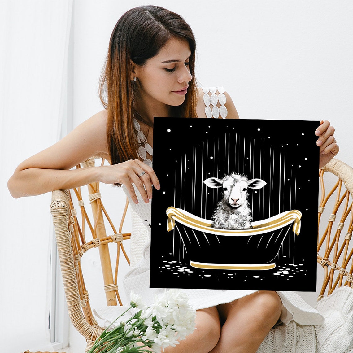 Sheep Bath Gold Black Moody Art Deco Bathroom Tub Cute Animal Wall Art - Image 3