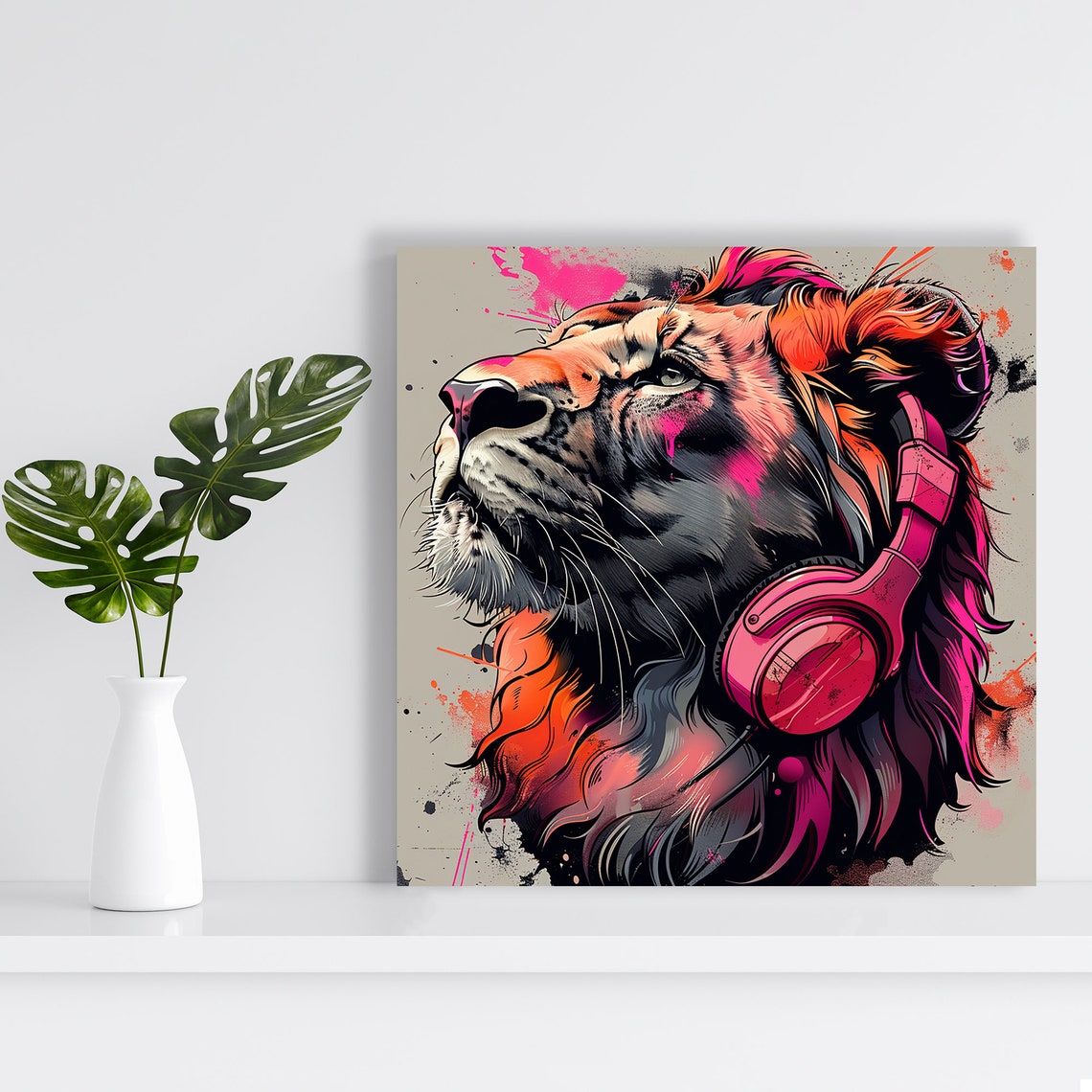 Lion Wearing Pink Headphones Graffiti Street Pop Art Wall Poster - Image 2