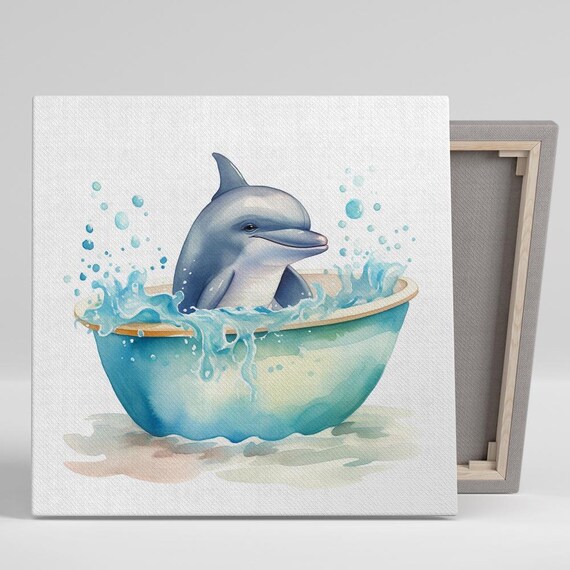 Dolphin Splash Art Or Poster Whimsical Coastal Decor Bathroom Childrens Room Nursery Living Room Wall Art Blue Turquoise White