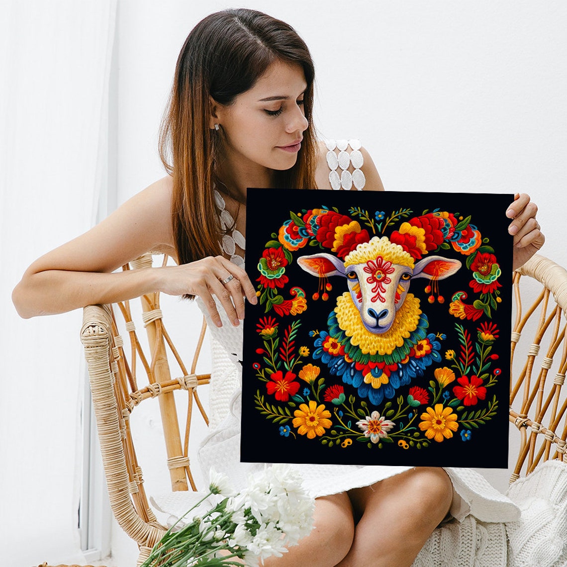 Folk Art Sheep Flower Collar Vibrant Embroidery Wall Art Poster - Image 3