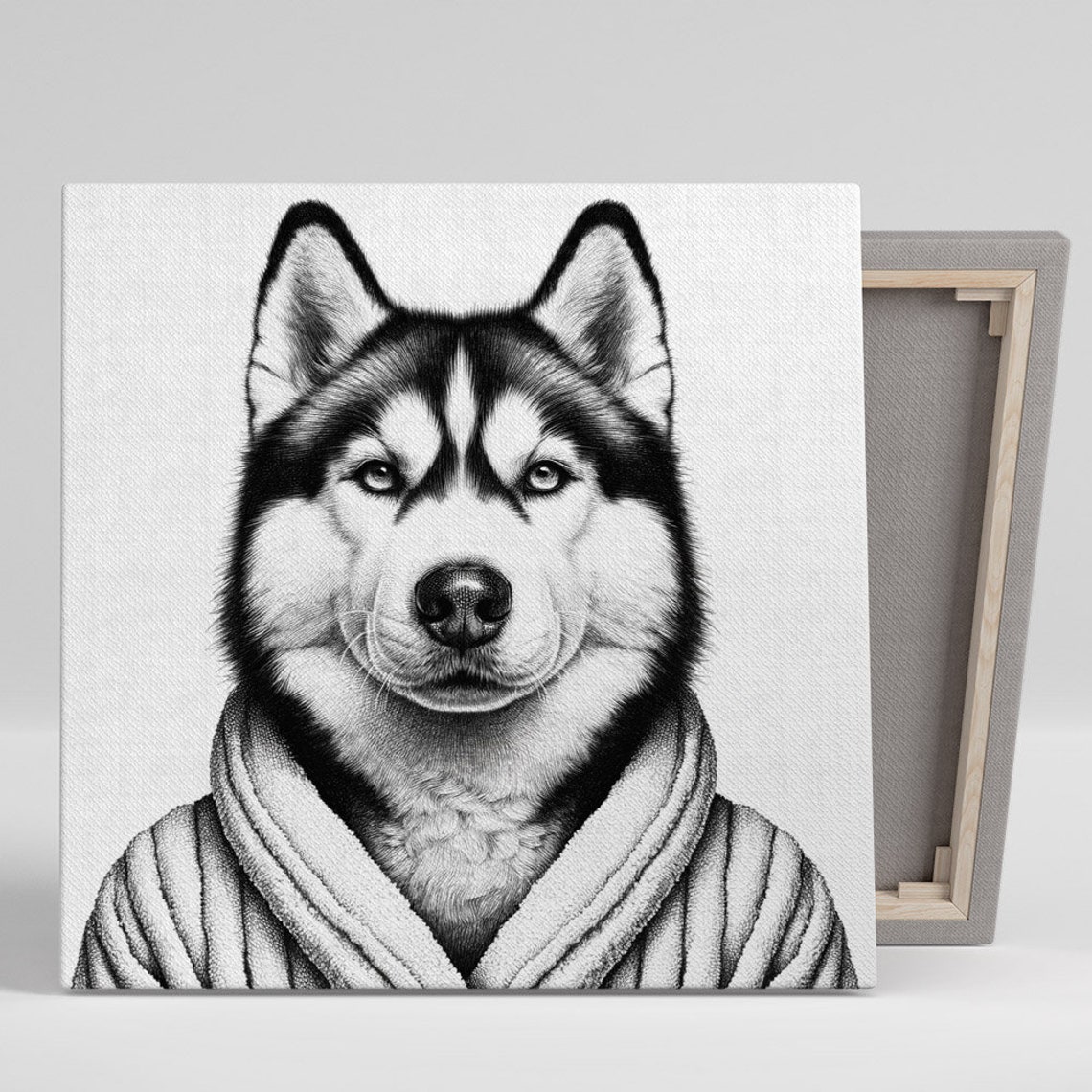 Funny Husky Dog In Bathrobe Black White Sketch Bathroom Art Poster