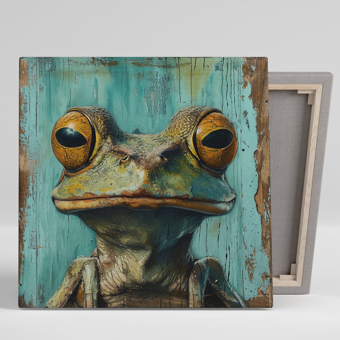 Big Eyed Frog Portrait On Distressed Turquoise Wood Rustic Art Poster