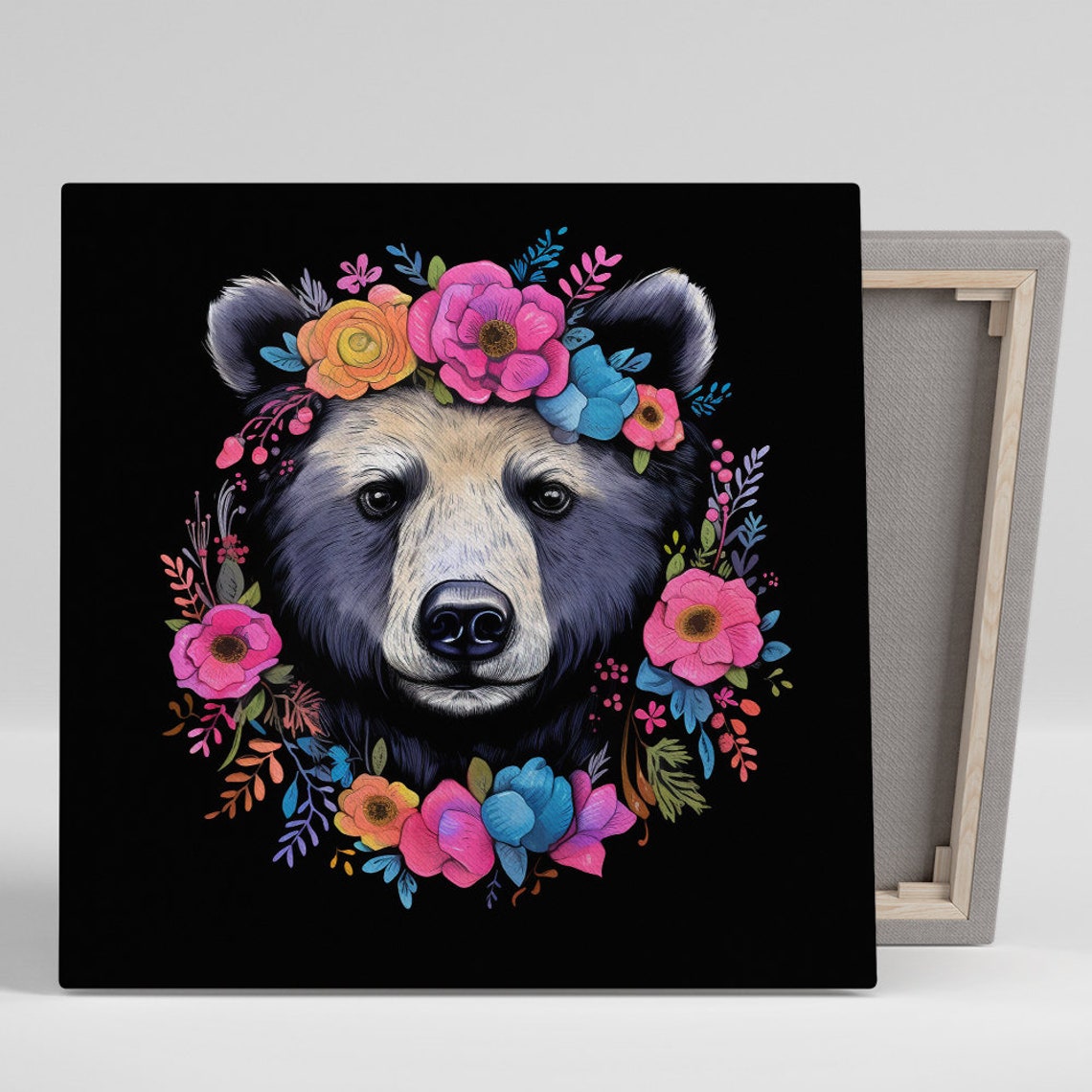 Floral Crown Bear Portrait Colorful Watercolor Blooms Black Art Poster