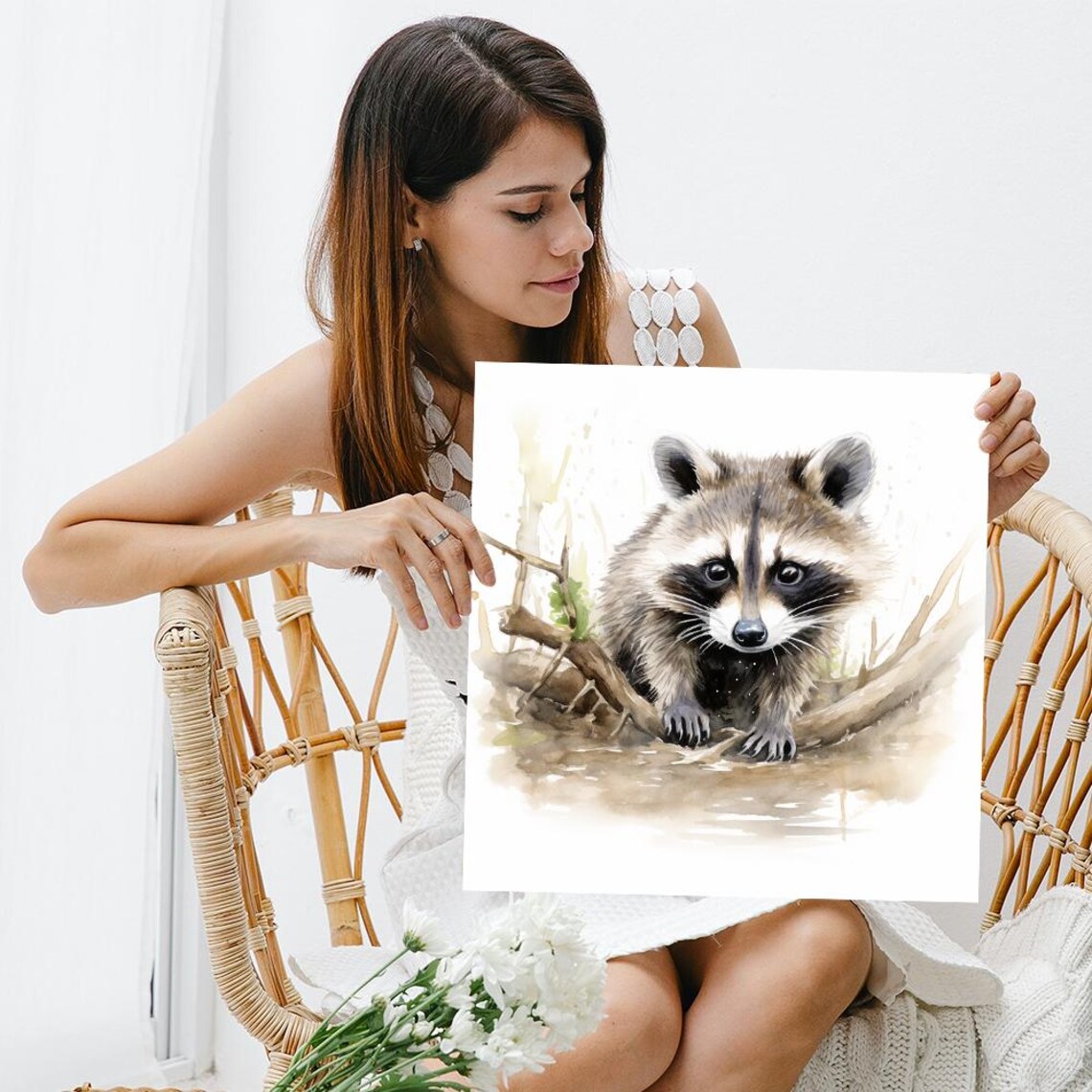 Raccoon Watercolor Portrait Woodland Stream Rustic Animal Wall Poster - Image 3