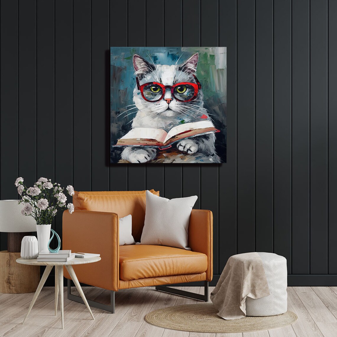 Cat With Red Glasses Reading Book Funny Scholar Cat Portrait Wall Poster - Image 4