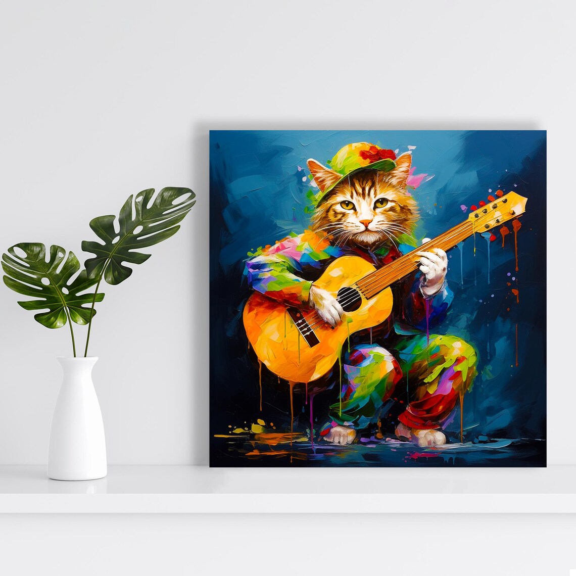Guitar Playing Cat Colorful Musical Whimsical Happy Musician Art Poster - Image 2