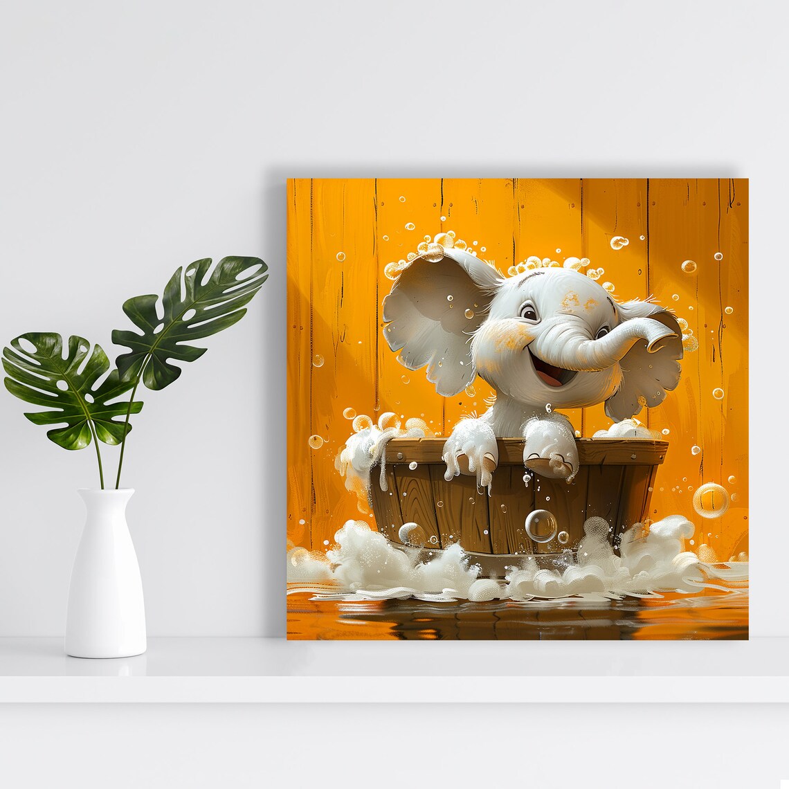 Baby Elephant Bubble Bath Wooden Tub Orange Happy Nursery Art Poster - Image 2