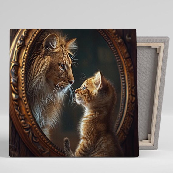 Whimsical Kitten Seeing Lion Reflection In Antique Gold Mirror Art Poster