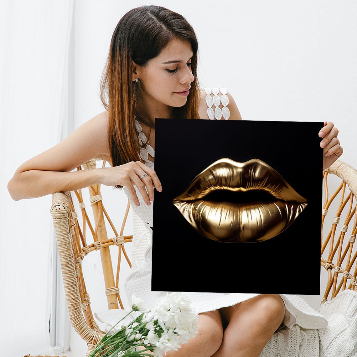Golden Metallic Lips Black Background Glamour Modern Art Poster - Image 3