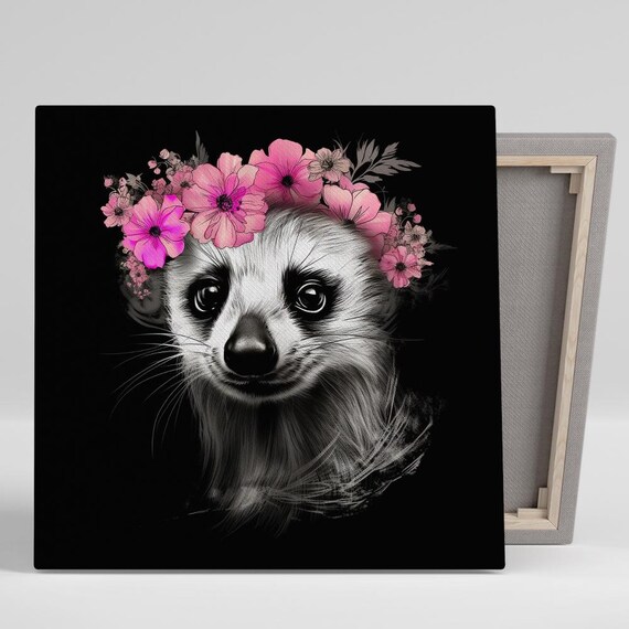 Raccoon Floral Crown Pink Flowers Black Background Animal Art Poster