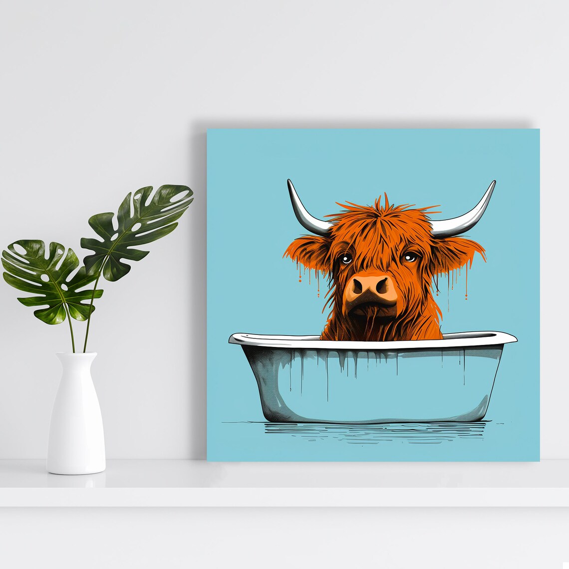 Orange Highland Cow Relaxing In Bathtub Teal Playful Wall Art Poster - Image 2