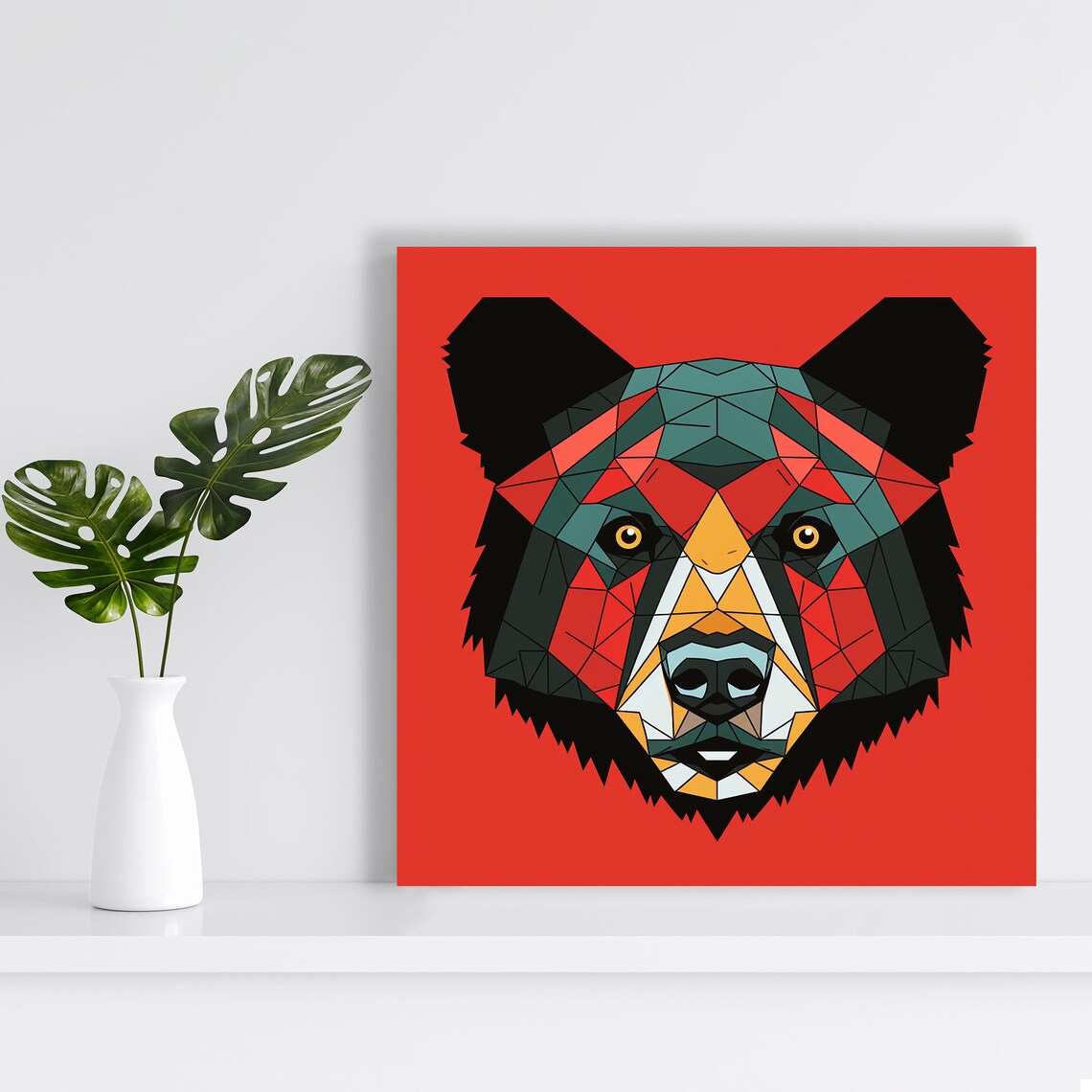 Geometric Bear Head Mosaic Red Black Teal Modern Wild Animal Poster - Image 2