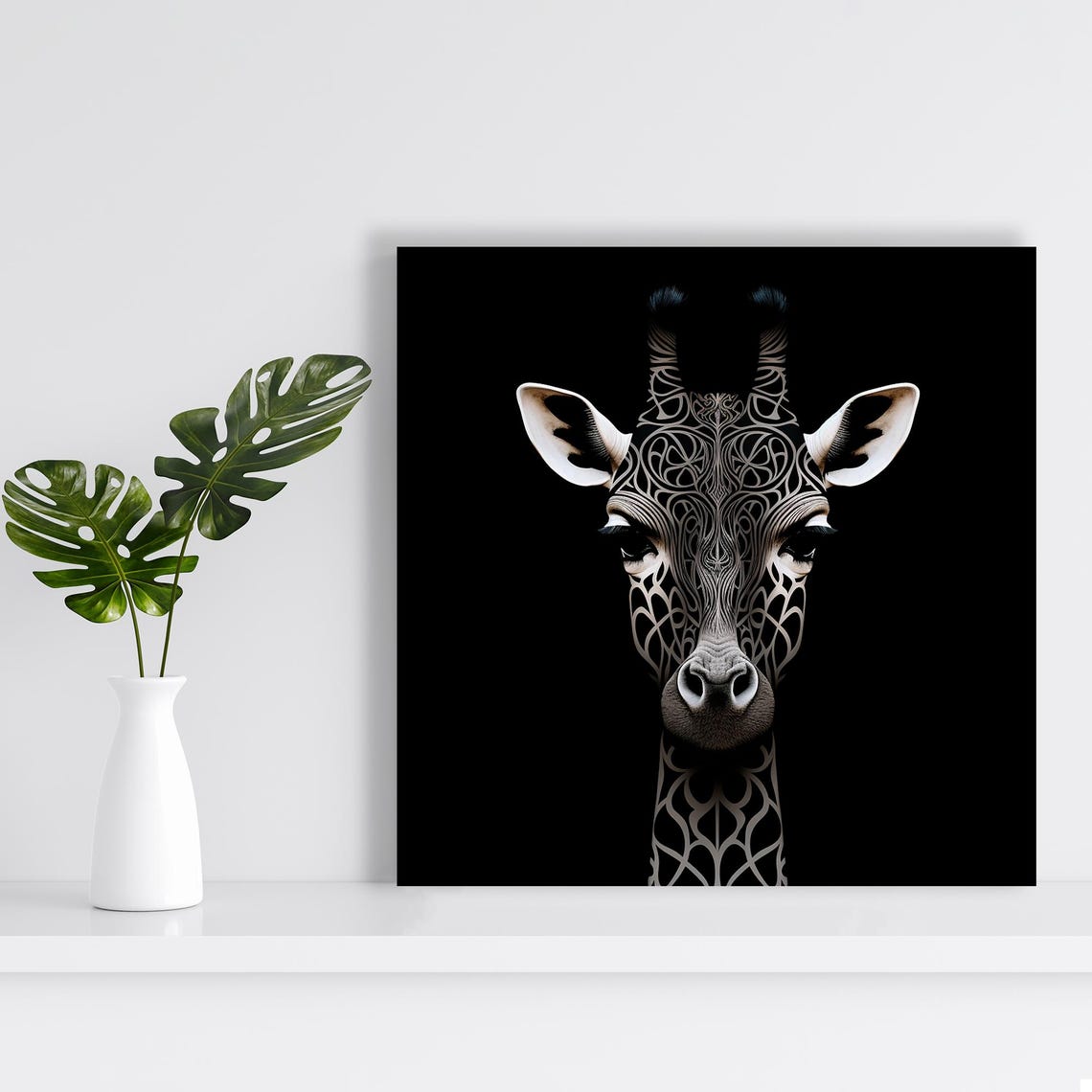 Giraffe Head Ornamental Line Pattern Black White Minimalist Poster - Image 2