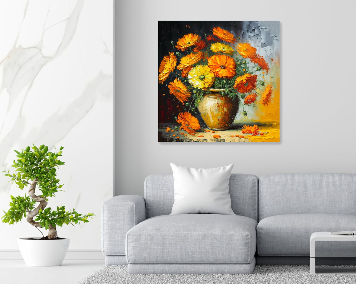 Marigold Flower In Vase, Floral Art Print - Image 2