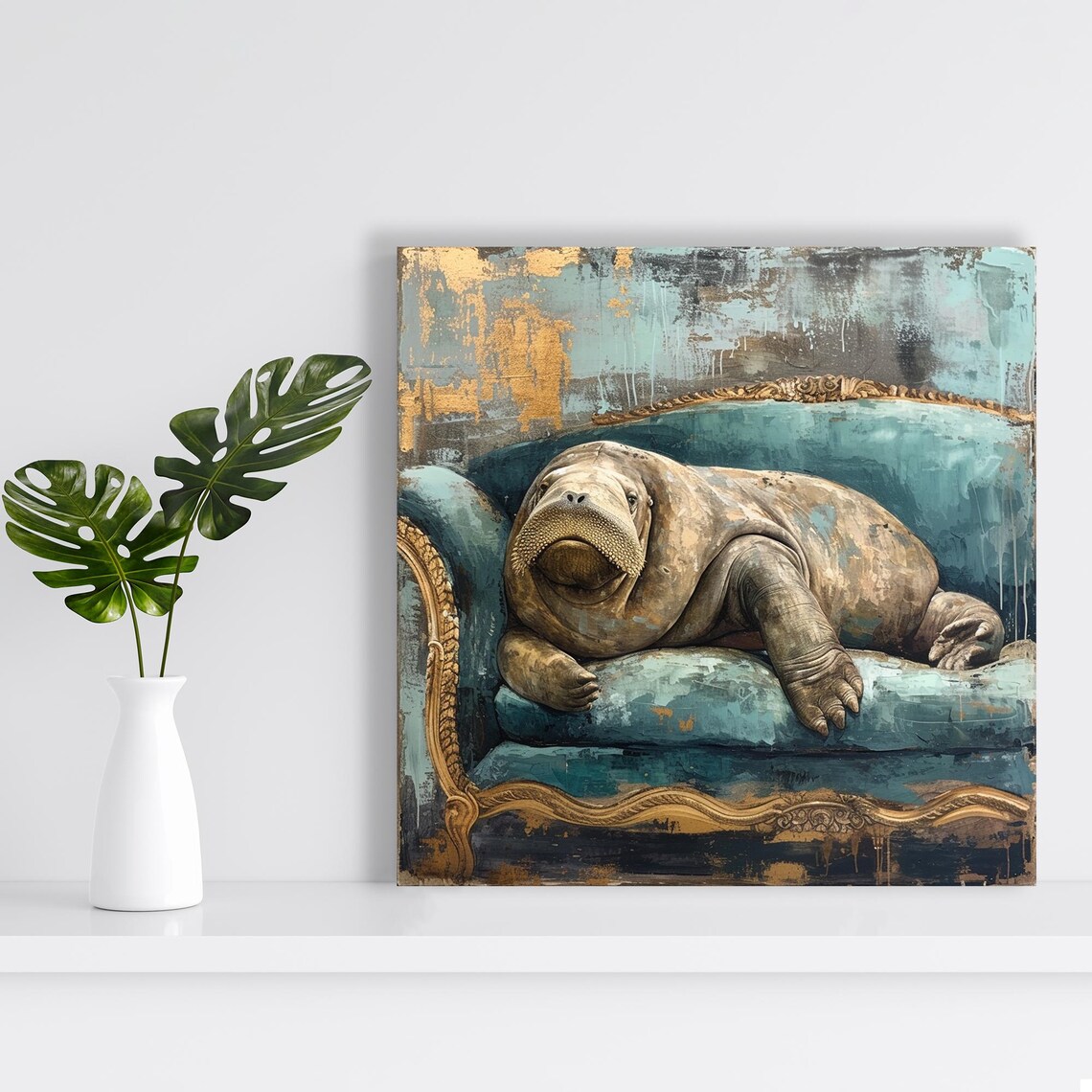 Regal Walrus Lounging On Teal Velvet Sofa Whimsical Art Poster - Image 2