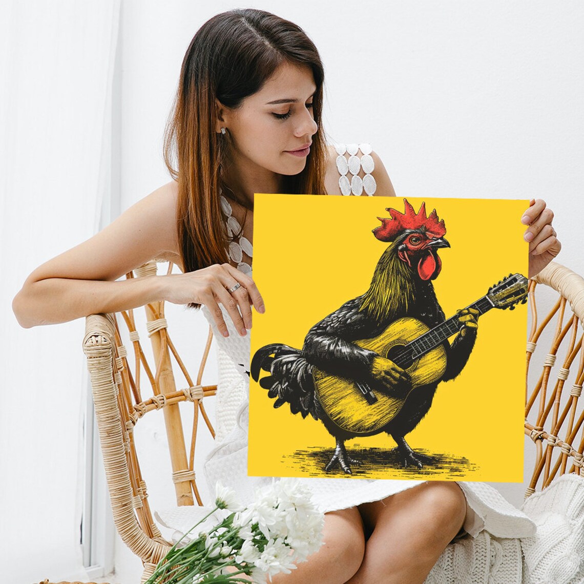 Rooster Guitar Player Poster Rock Star Music Yellow Fun Animal Decor - Image 3