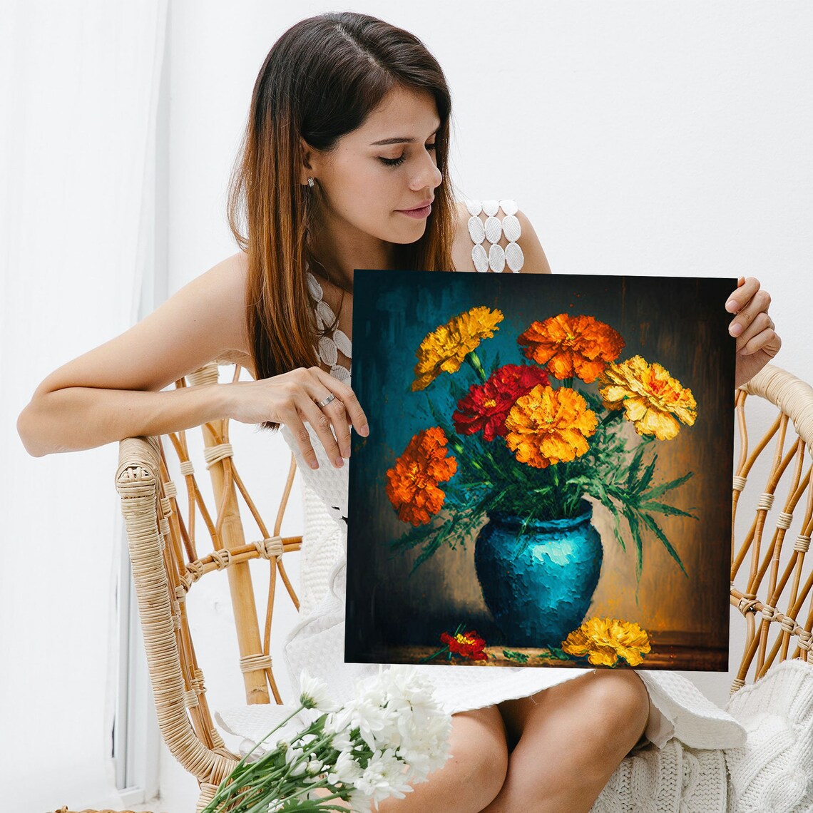 Marigold Flower in Vase, Floral Nature Art Print - Image 3