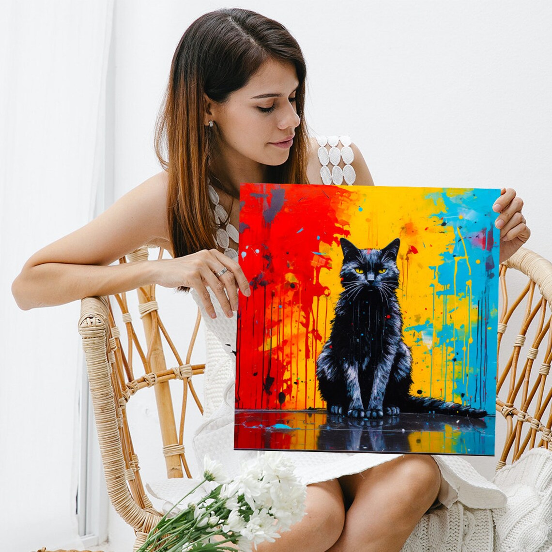 Cat Splash Modern Decor Poster, Black Red Yellow Blue - Image 3