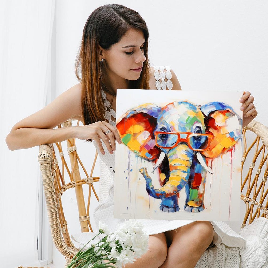 Colorful Elephant With Glasses Abstract Paint Animal Wall Art Poster - Image 3