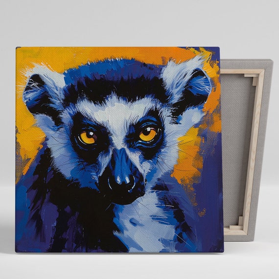 Electric Lemur Gaze Art Or Poster Contemporary Animal Decor Living Room Office Bedroom Wall Art Blue Yellow Minimalist Design