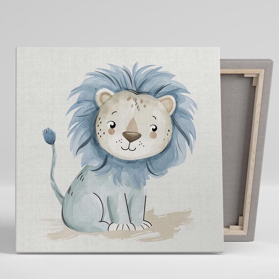 Cute Blue Mane Baby Lion Watercolor Adorable Nursery Wall Art Poster