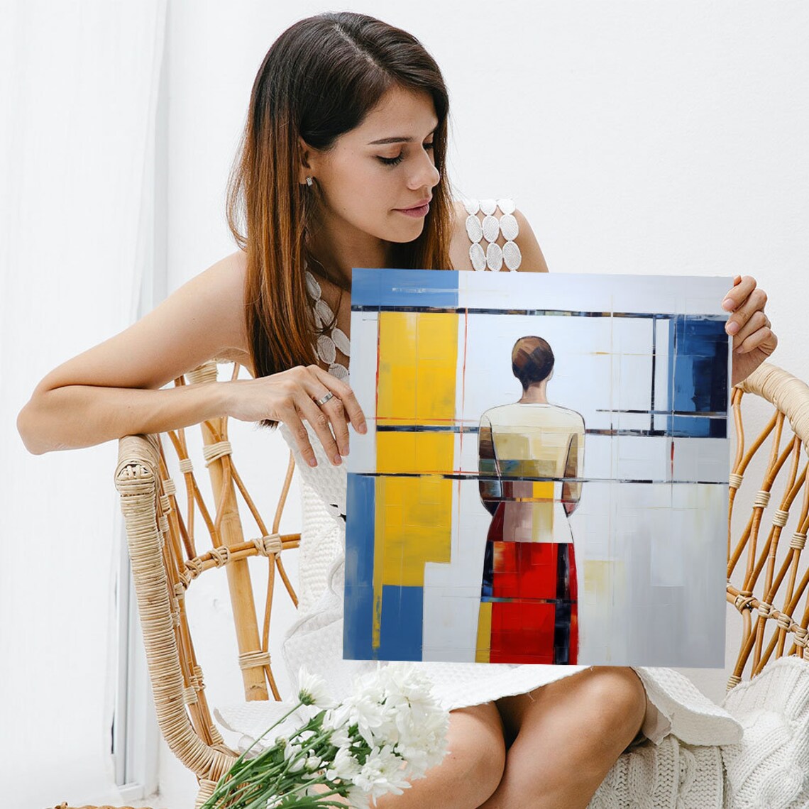 Woman At Color Block Window Mondrian Style Geometric Modern Art Poster - Image 3