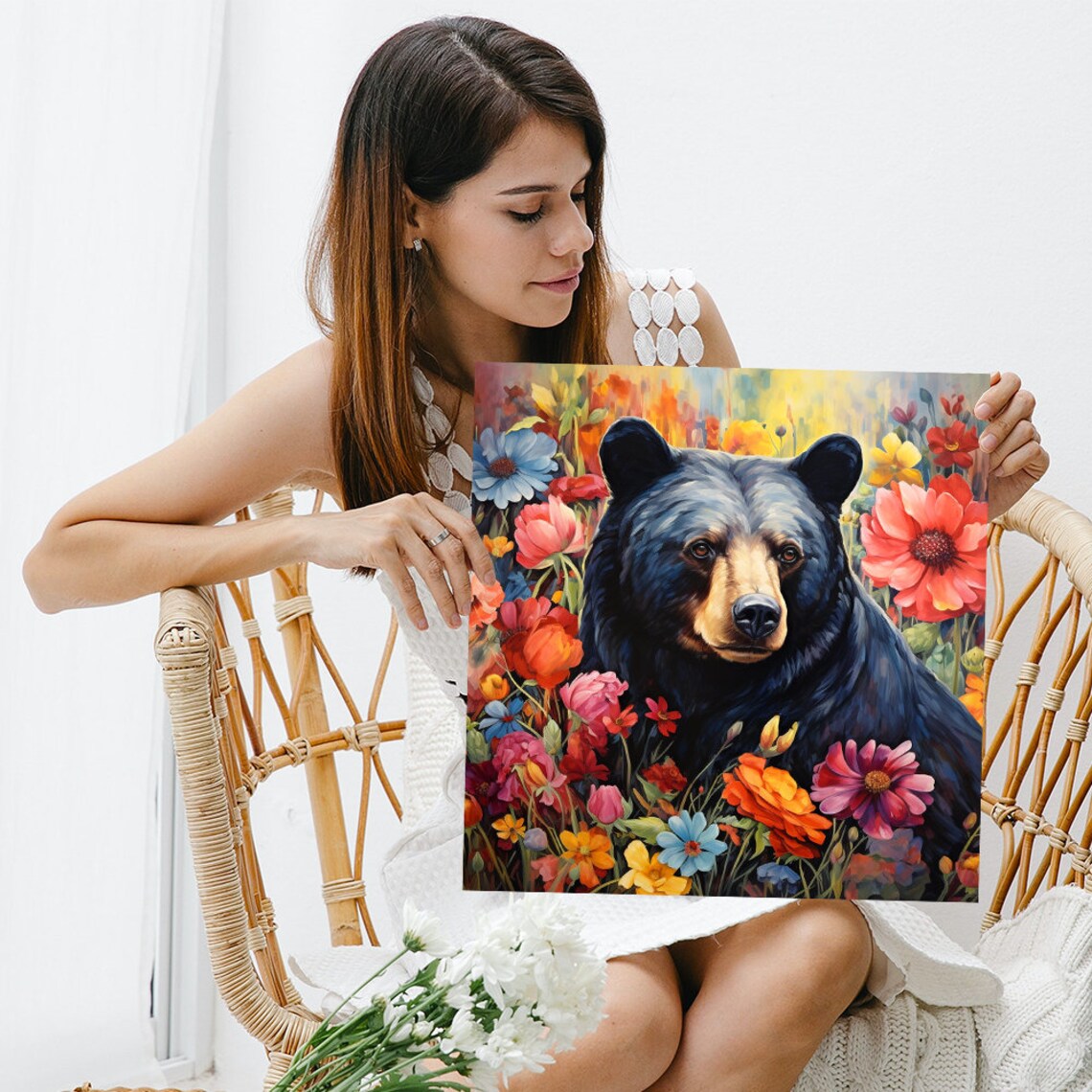 Black Bear Floral Boho Poster Vibrant Wildflower Portrait Animal Decor - Image 3